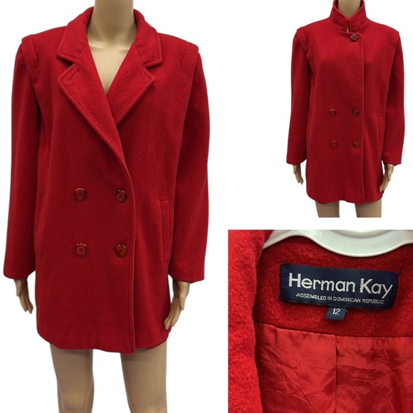 Herman Kay Jackets & Blazers - Herman Kay Vintage Red Wool Double Breasted Coat with Shoulder Pads Womens 12